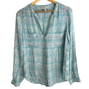 Joie Bonilla Light Green and White Plaid Silk Long Sleeve Blouse